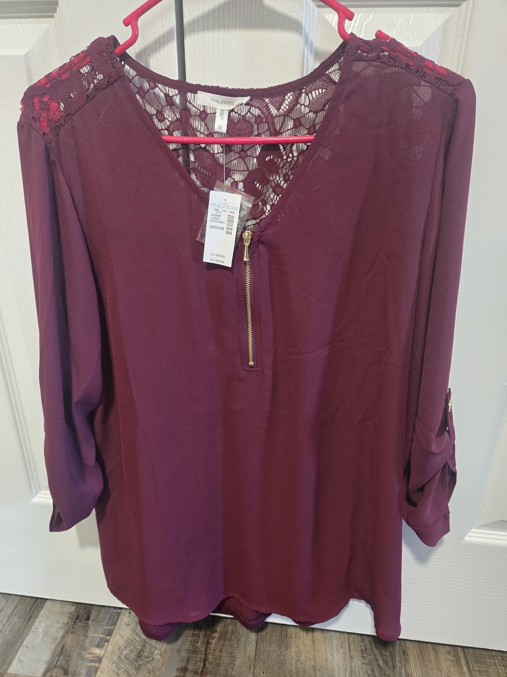 Maurices Burgundy Lace Yoke Zip-Front Blouse